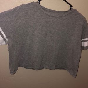 Gray crop top with stripes on sleeves